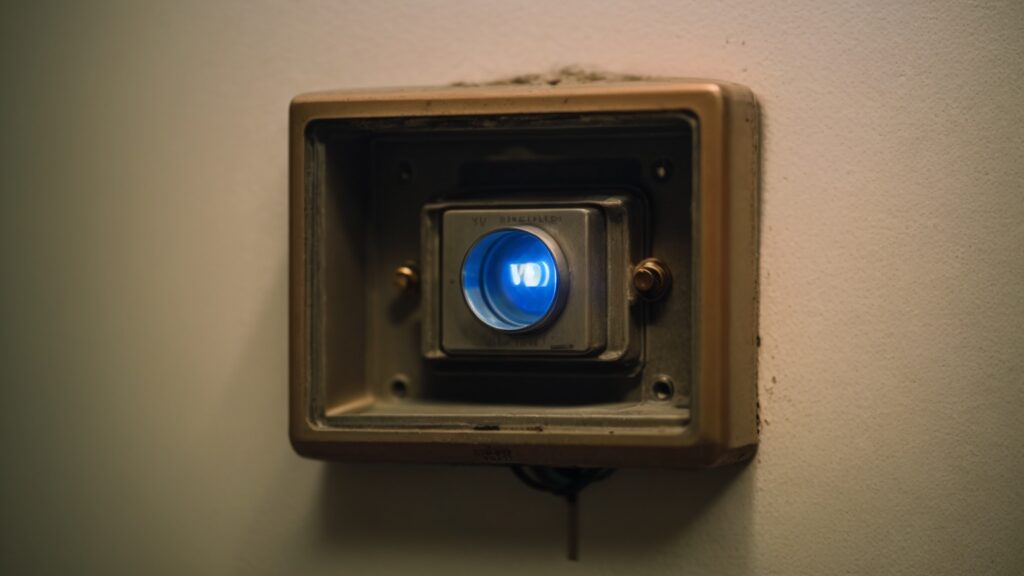 A worn and overheating doorbell transformer hidden in a wall cavity, glowing to signify a problem.