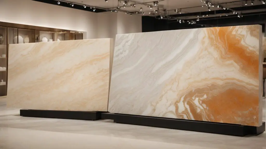 Cultured marble vs natural marble slab in showroom