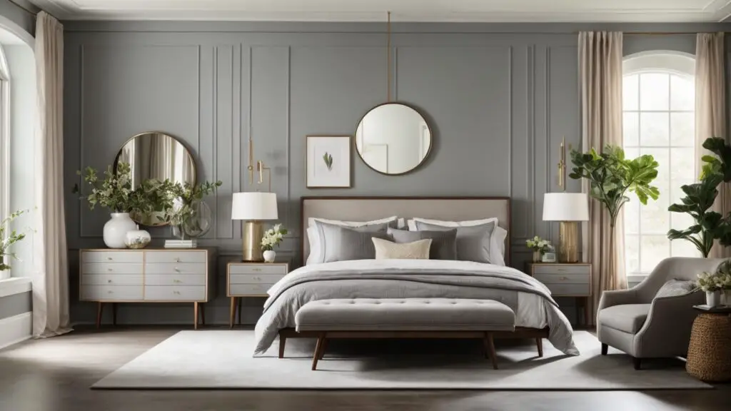 Refreshed bedroom with two-tone gray walls, featuring a new coat of paint, updated modern decor, artwork, and trendy lighting, reflecting a well-maintained and stylish space.