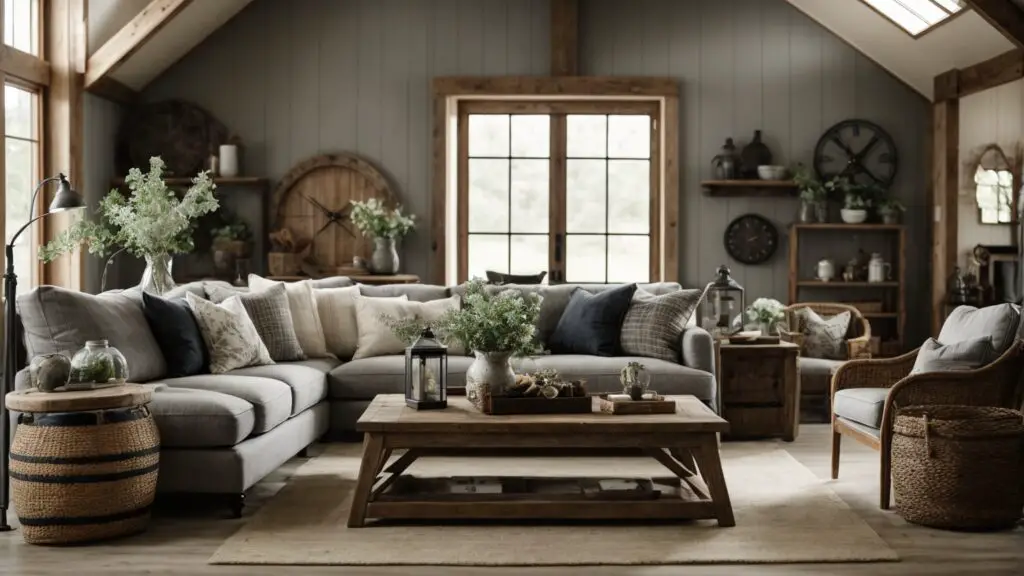 A living room with a perfect blend of farmhouse charm and modern style, featuring a rustic wooden table, modern sofa, and farmhouse decor accents.