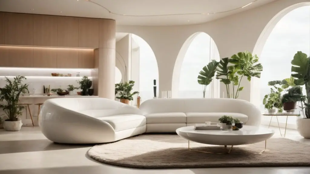 Futuristic and eco-friendly interior design showcasing 2024 trends with smart technology and minimalist style.