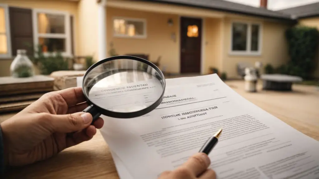 Hand examining a Homestyle Renovation Loan Requirements document with a magnifying glass, with a blurred home model in the background.