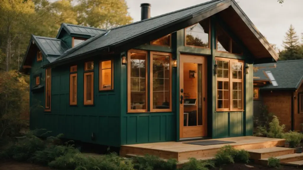 Close-up of tiny home exterior with custom windows, unique front door, and green roofing.