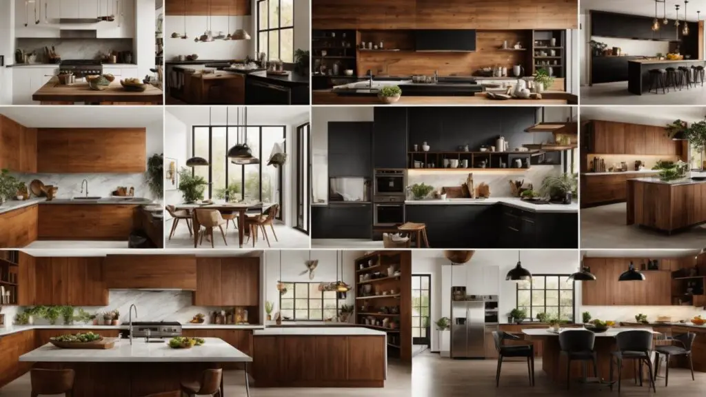 Collage of diverse modern kitchen styles highlighting unique design elements in minimalist, industrial, rustic, and eclectic kitchens.