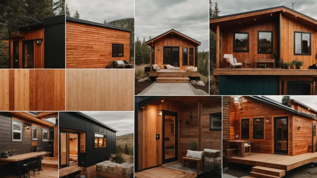 Collage of tiny home exterior materials including wood siding, metal panels, and composites.