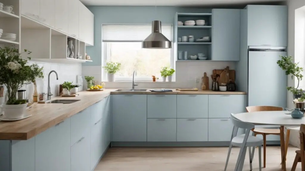 Efficiently designed small kitchen with innovative storage solutions and a bright white and light blue color scheme.