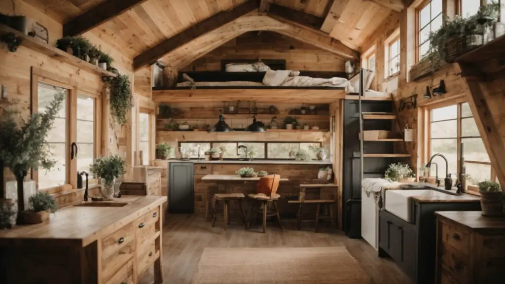 Cozy interior of a farmhouse tiny home featuring rustic wood beams, loft bedroom, and farmhouse-style kitchen.
