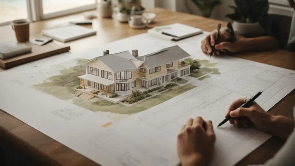 Person sketching a detailed beach house plan with notes on budgeting and design, accompanied by architectural tools and coffee.