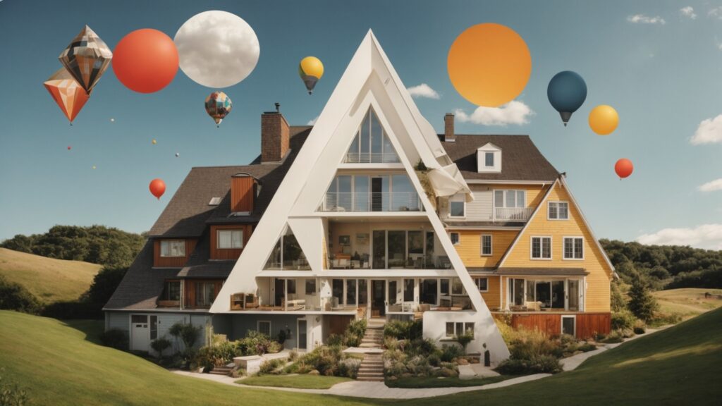 Collage of images and text bubbles answering common questions about triangle houses, focusing on structural benefits, energy efficiency, and design versatility.