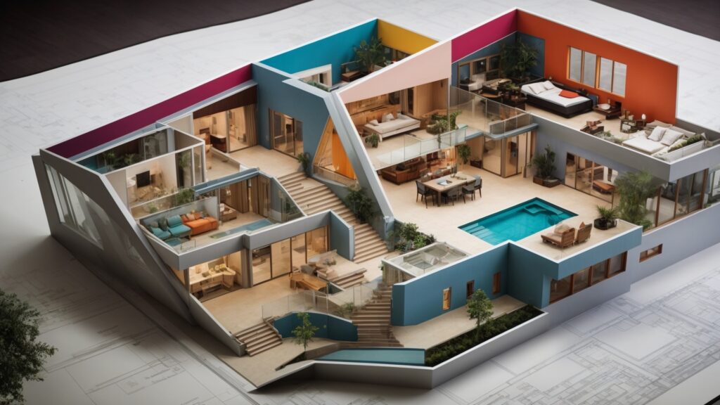 Colorful architectural blueprint of a triangle house with detailed floor plans, highlighting room layouts, furniture, and key design elements.