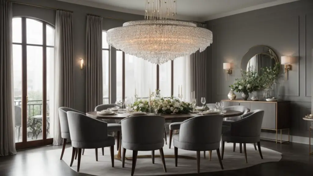 Elegant dining room with medium gray walls, a crystal chandelier providing soft lighting, stylish table setting, and a harmonious blend of natural and artificial light.