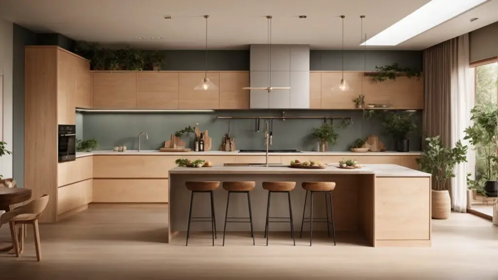 Open-plan kitchen design combining modern functionality with aesthetic appeal, featuring natural wood and contemporary materials.