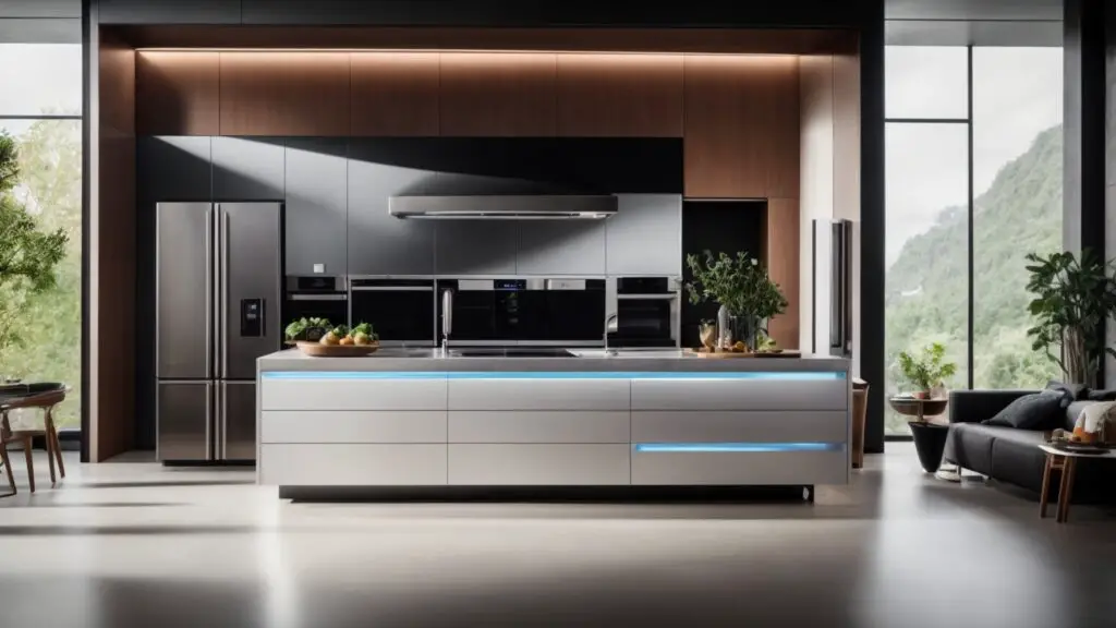 Modern smart kitchen with voice-activated appliances, touchscreen refrigerator, and smartphone-controlled LED lighting.