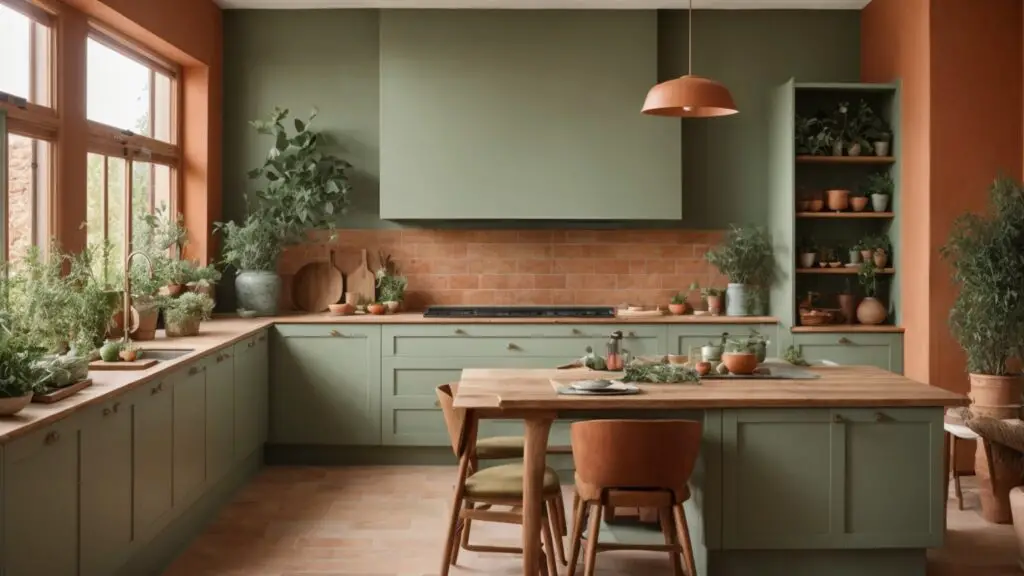Kitchen with terracotta walls, sage green cabinets, natural wood accents, and terracotta-tiled floor.