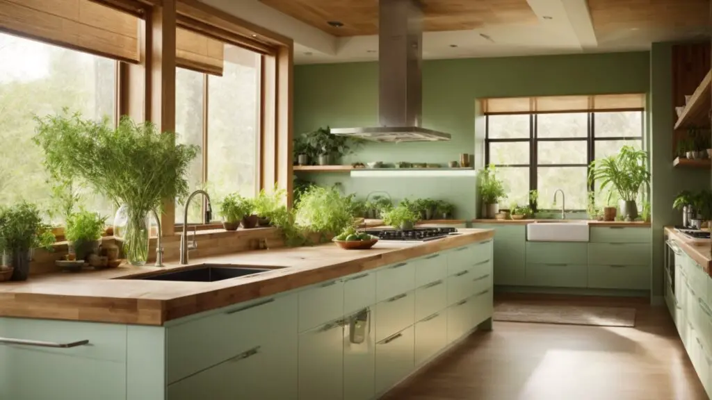 Eco-friendly kitchen with bamboo flooring and recycled glass countertops, representing 'Eco-Friendly and Sustainable Remodeling Practices.'