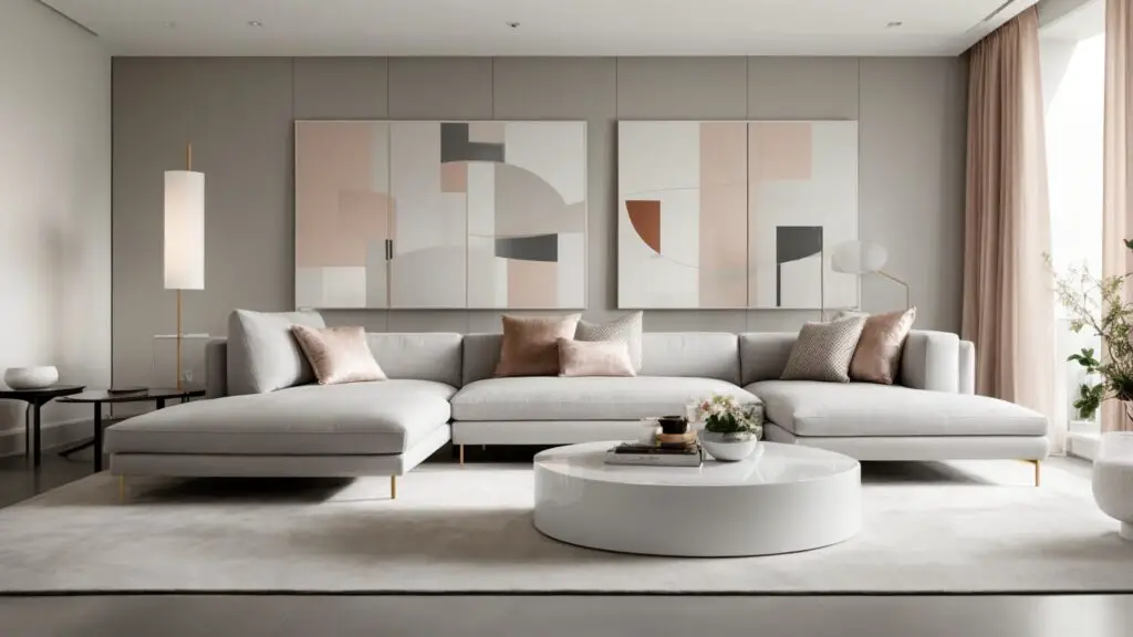 Minimalist living room with modern design, featuring a gray modular sofa, a white geometric coffee table, and monochrome wall art.
