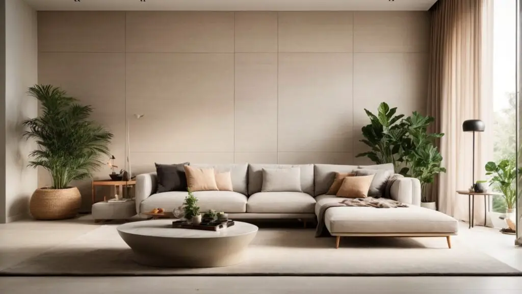 Minimalist living room with natural elements and smart home technology, representing modern home renovation trends.