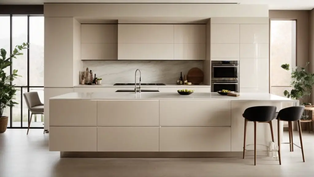 Modern kitchen with sleek high-gloss flat-panel cabinetry, minimalist hardware, and a sophisticated neutral color palette.