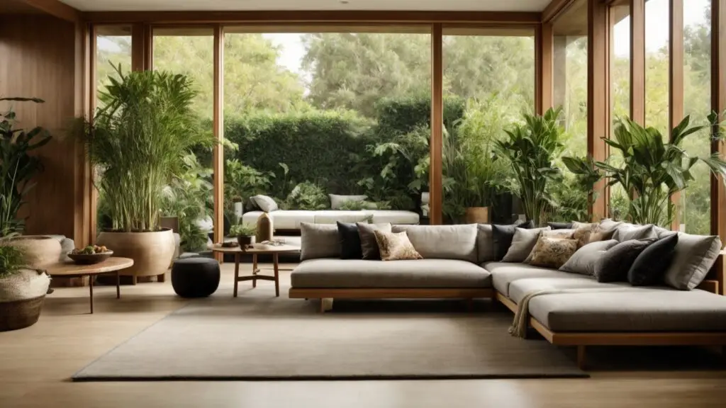 Modern open-concept living room with bamboo flooring and stone accents, opening into a garden, illustrating "Key Elements of Modern Nature House Design."