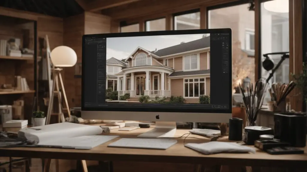 Professional design studio with an advanced 3D remodeling software on a large screen, highlighting a complex home design project, demonstrating the depth of professional home design tools.