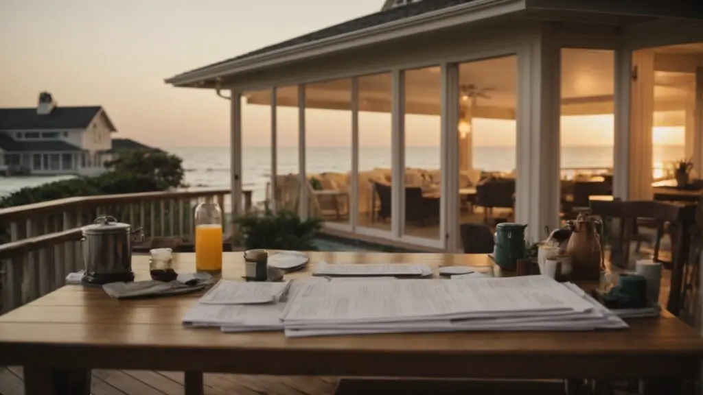 Evening scene of a beach house with maintenance activities and insurance documents, emphasizing long-term ownership costs.