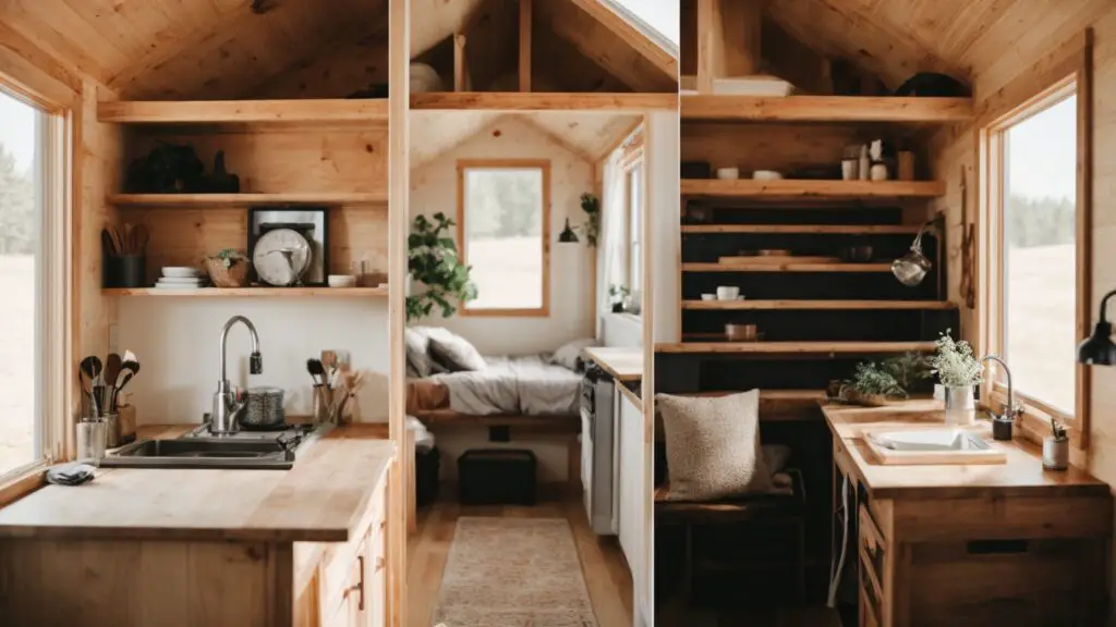 Split-image contrasting DIY farmhouse tiny home construction with a finished, stylishly furnished ready-made tiny home.