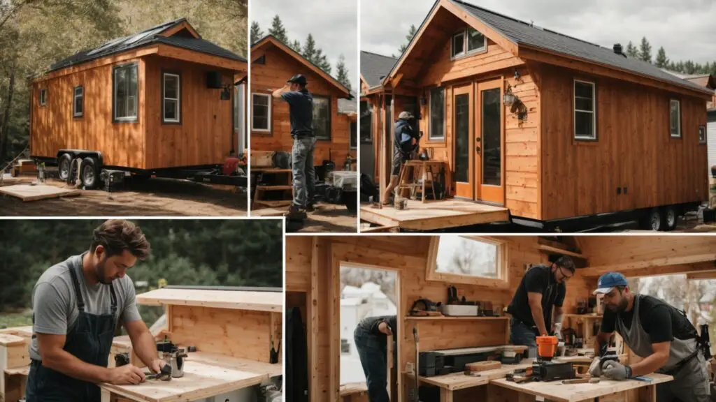 Split image showing a DIY homeowner working on tiny home exterior versus professionals with advanced equipment.
