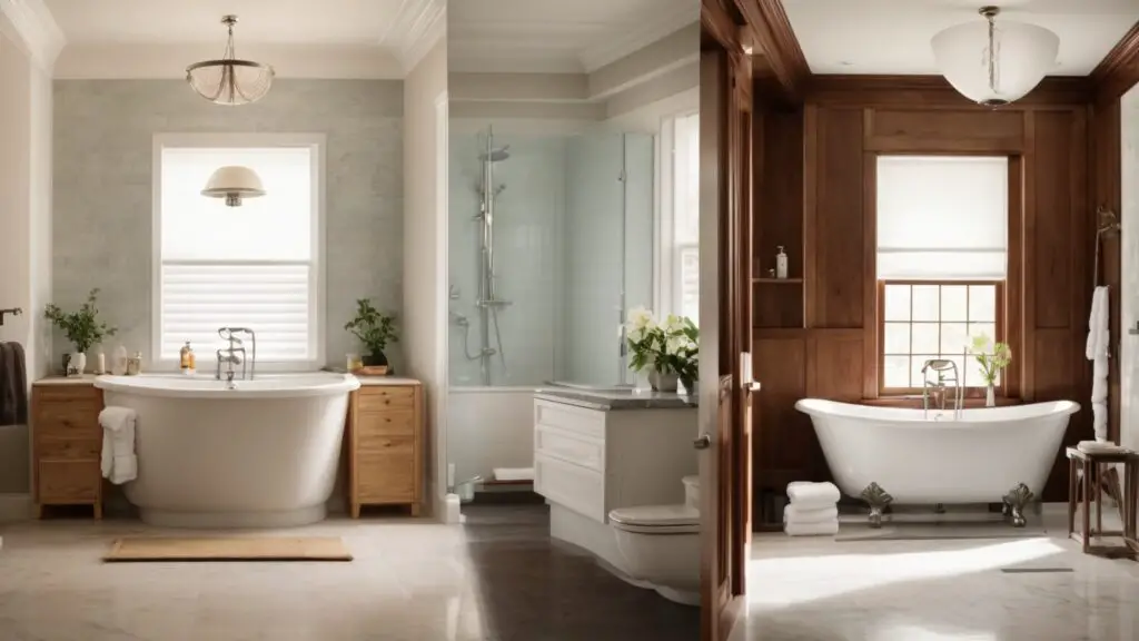 Contrast between DIY bathroom remodeling with basic tools and a professionally remodeled, sophisticated bathroom.