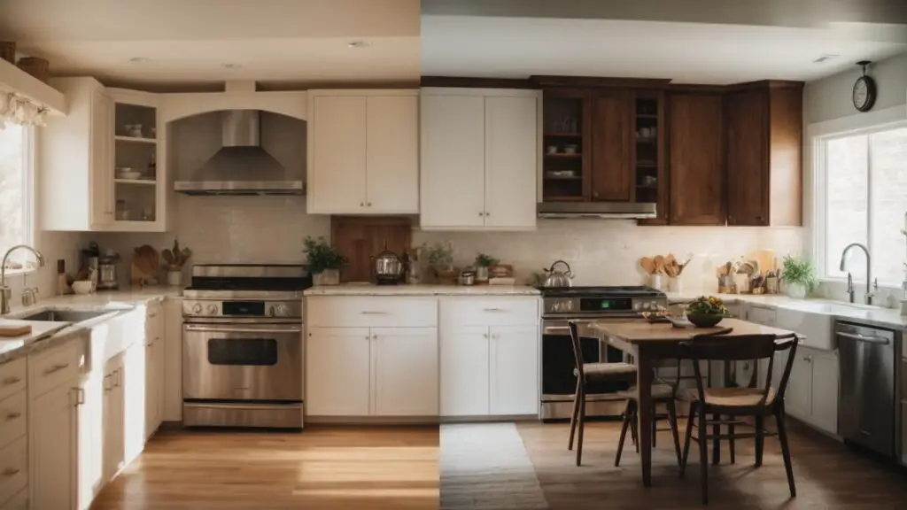 Split-screen comparison of a small kitchen before and after remodel, showcasing dramatic transformation from cramped and outdated to modern and spacious.
