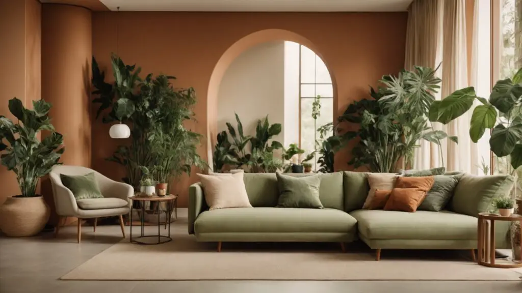 Trendy interior with an indoor plant wall and earth-toned decor, highlighting "Modern Nature House Design Trends for 2022."
