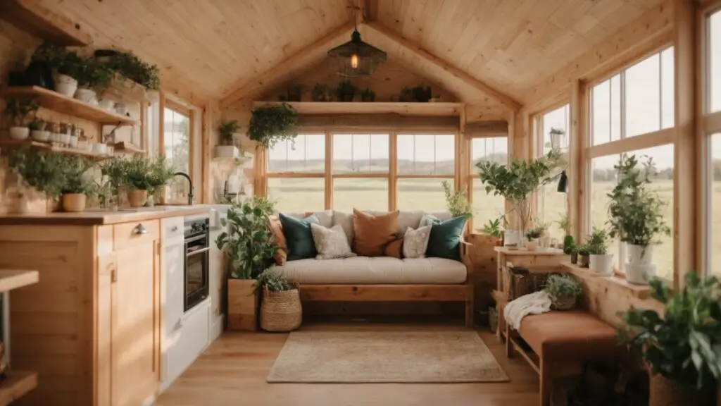 Screenshot of a virtual tour showcasing a beautifully decorated farmhouse tiny home interior with unique features.