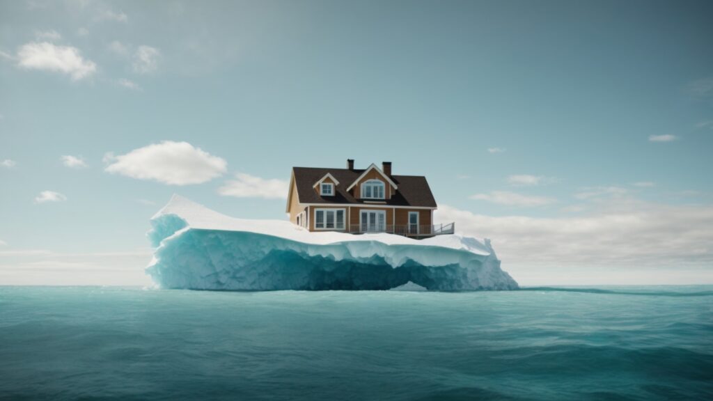 Conceptual image of an iceberg with the tip and submerged part representing visible and hidden costs of beach house construction.