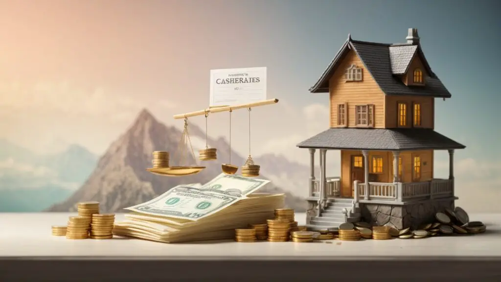 Animated scale balancing the benefits and risks of refinancing with a renovation loan, depicting cash and a house against interest rate documents.