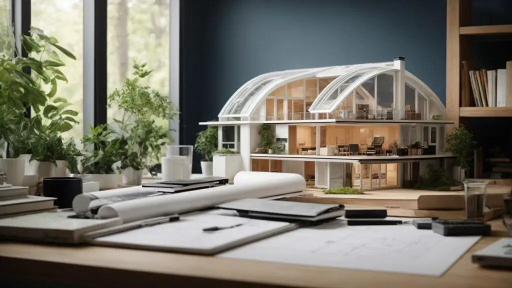 Architect's workspace with blueprints and a 3D model of a sustainable house, indicating "Challenges and Solutions in Modern Nature House Design."