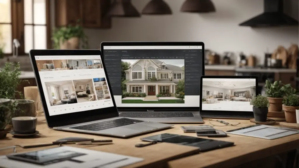 Various devices displaying multiple 3D home renovation software interfaces, each focusing on different aspects of home design, showcasing versatility and user-friendliness.