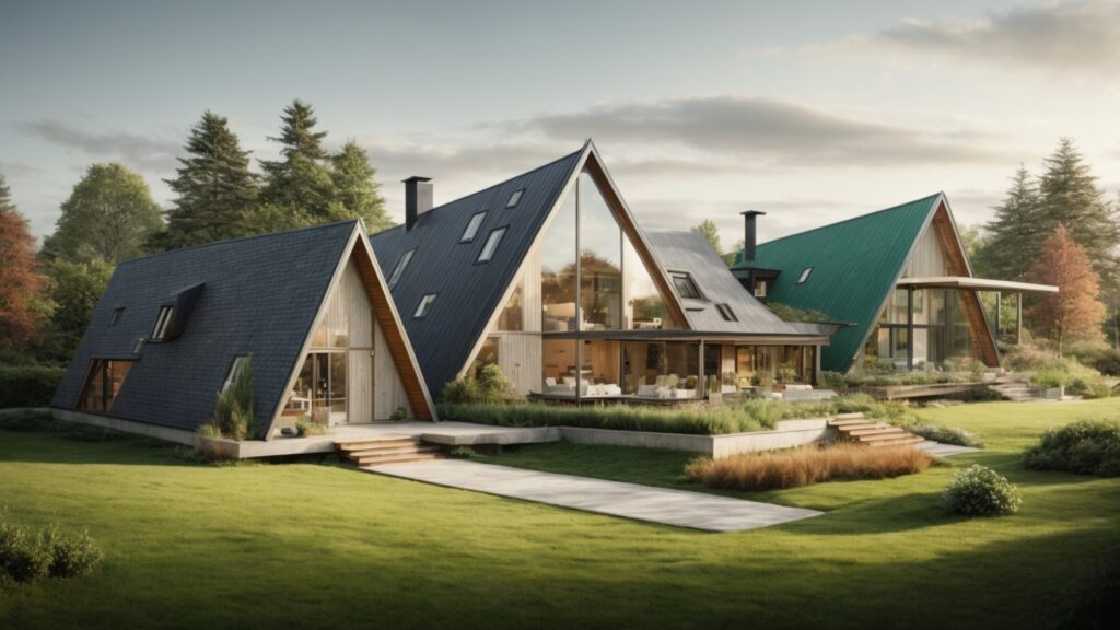 Collage of diverse triangle house designs in both urban and rural settings, showcasing their adaptability and unique features like glass facades and green rooftops.