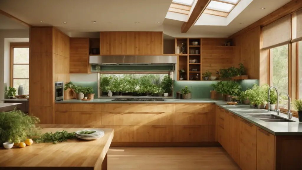 Sustainable kitchen design with bamboo cabinets, recycled glass countertops, and energy-efficient appliances illuminated by natural light.