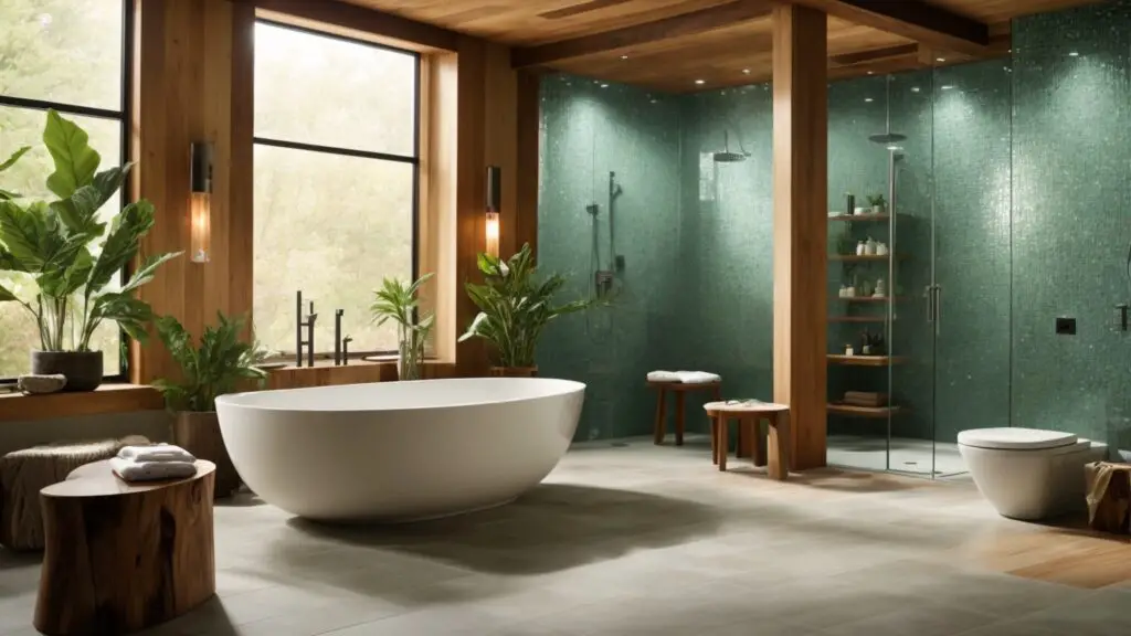 Eco-friendly master bathroom with sustainable materials and low-flow fixtures.