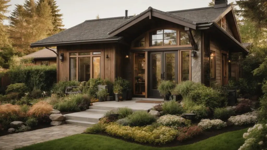 Rustic-modern tiny home with earthy tones, stone accents, and a lush surrounding garden.