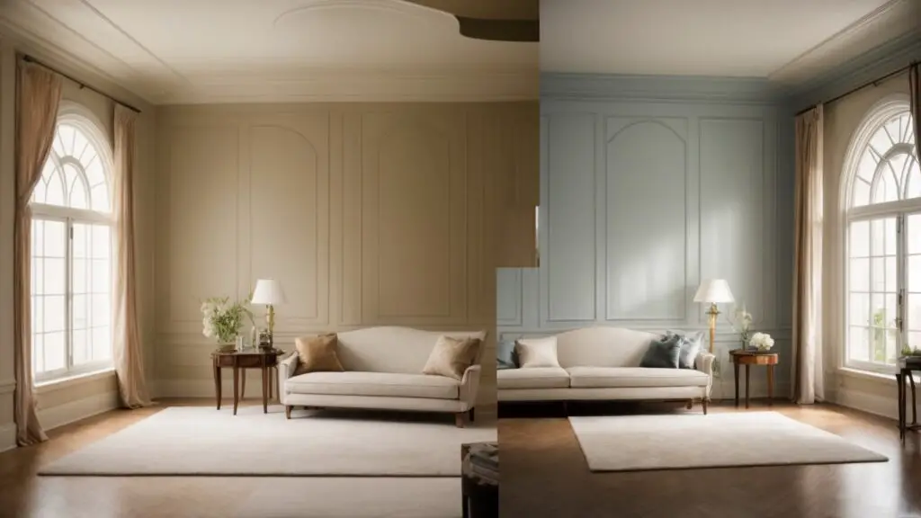 Split-image contrasting a room before and after an interior remodel, highlighting the enhancement in property value.