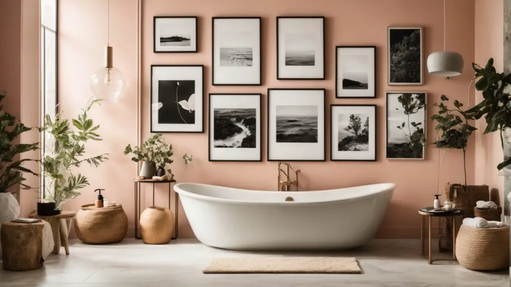 A bathroom gallery wall with a variety of framed artworks and photographs in different sizes and styles, including black and white prints, abstract art, and nature-inspired pieces, creating an eclectic and personalized touch.