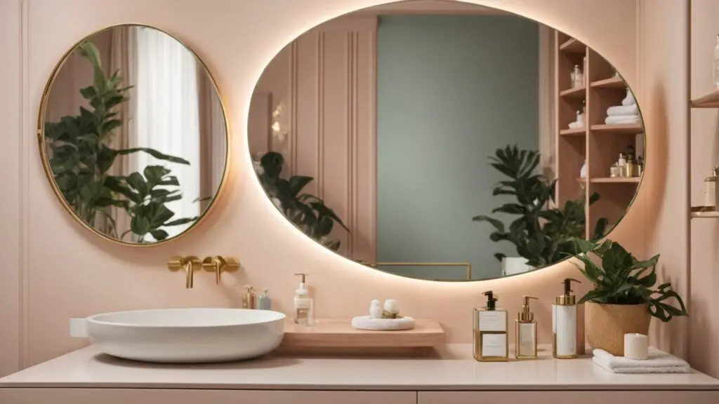 A compact and chic bathroom vanity area in pastel hue with a white countertop, contemporary basin, oval-shaped mirror with brass frame, and built-in shelves for efficient organization.