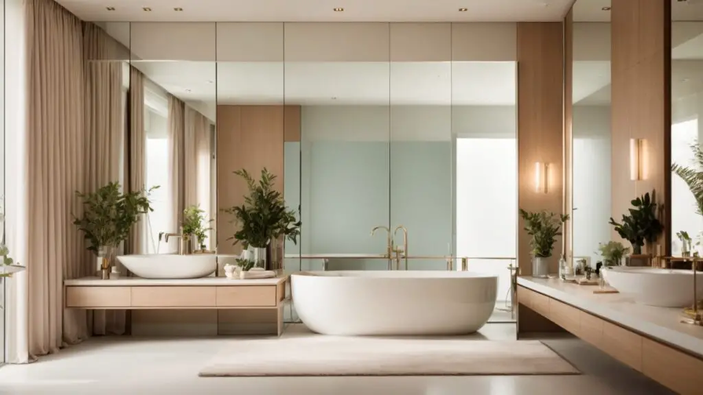 A narrow bathroom with a large mirror and multiple light sources, including ceiling spotlights and sconces, reflecting natural light from a window, creating a spacious and bright atmosphere.
