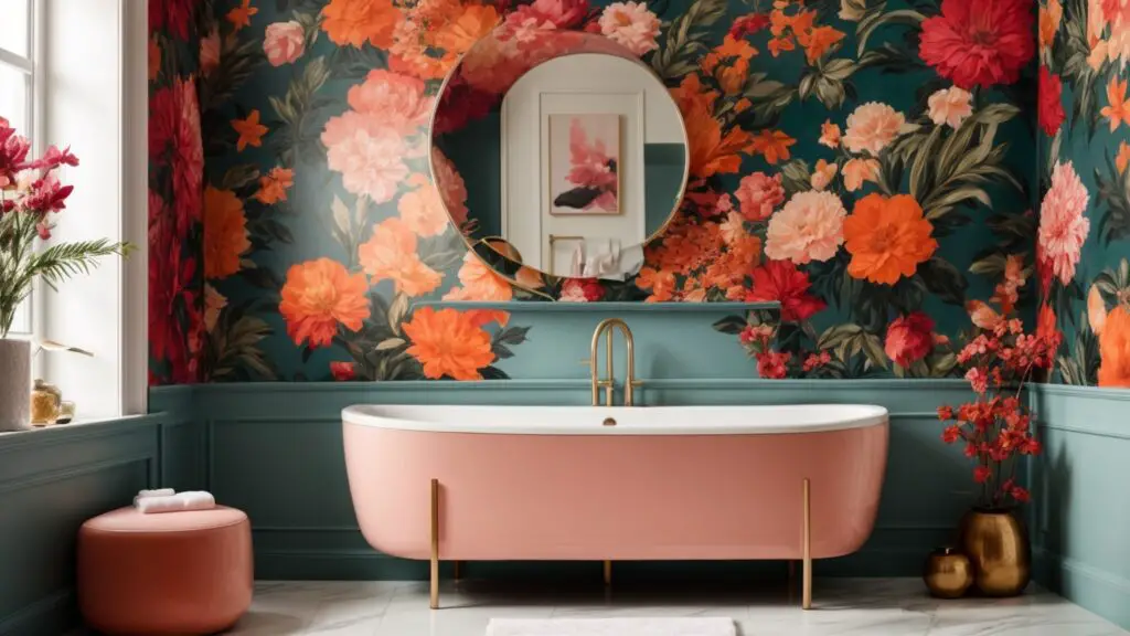 A small bathroom with vibrant, floral-patterned wallpaper featuring bold colors and large flower designs, complemented by a sleek, modern sink and minimalist fixtures.