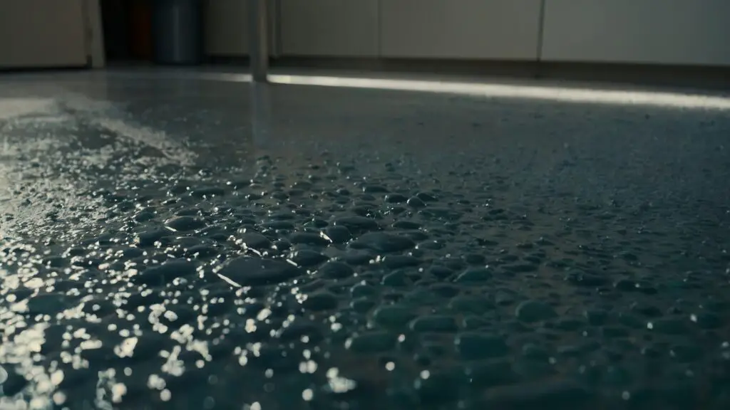 Close-up of epoxy floor in laundry room showing detergent spill beading on the surface.