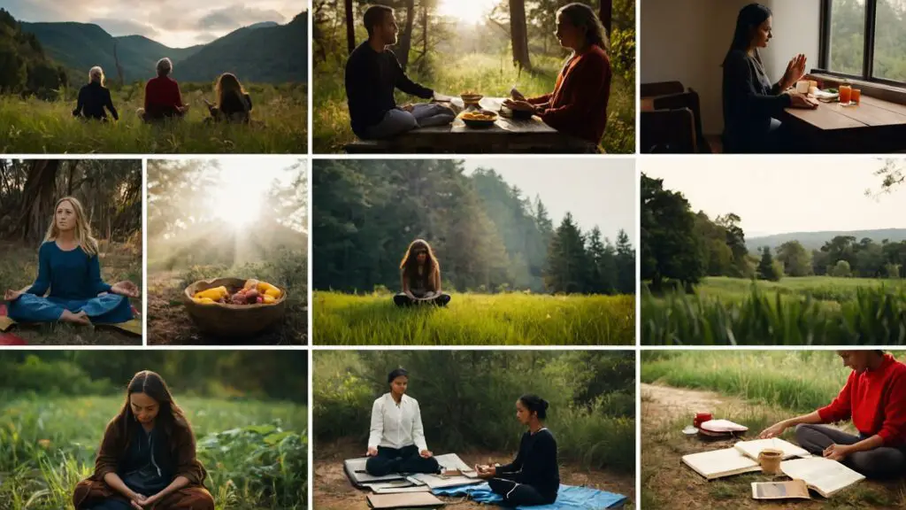Collage of individuals practicing spiritual minimalism through meditation, journaling, decluttering, and sharing meals.