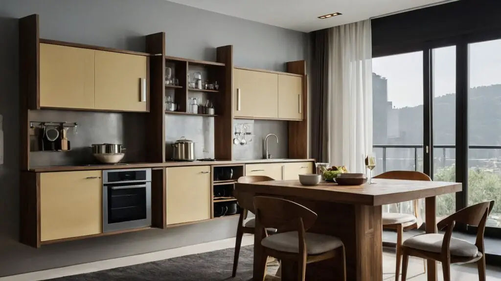 Efficiently designed small kitchen with vertical storage solutions, foldable furniture, and light, reflective surfaces.