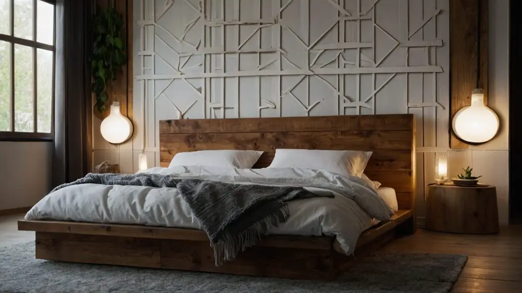 Cozy bedroom with eco-friendly decor, including organic bedding and a DIY wooden headboard, highlighting sustainable design choices.