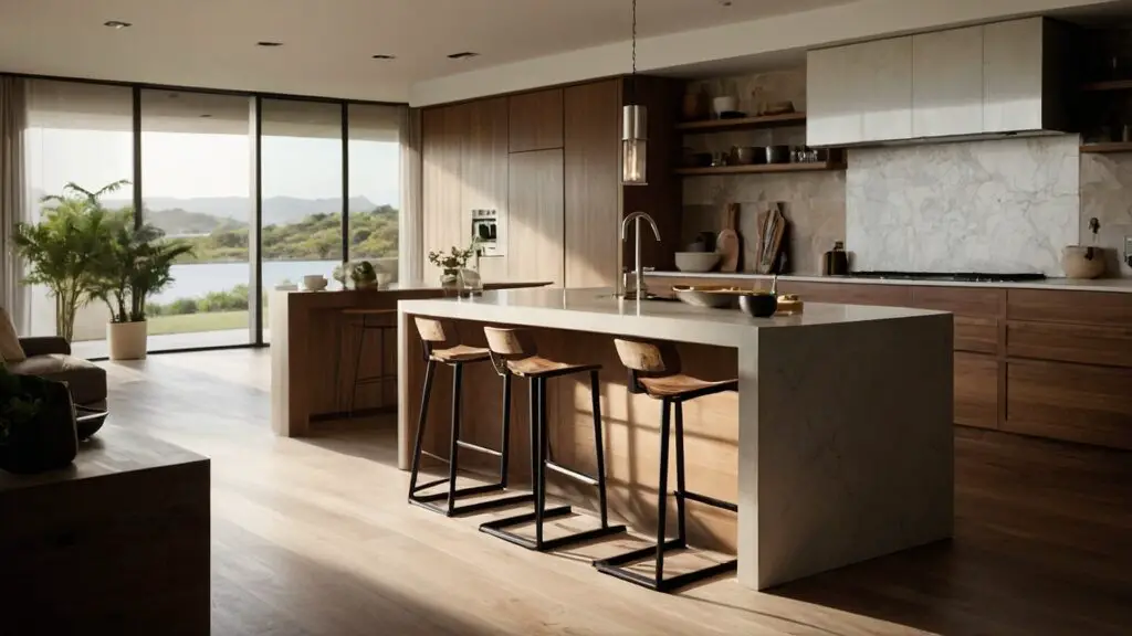 Family gathering around a newly upgraded kitchen island with integrated seating and a wine cooler, highlighting the enhancement of daily life and home value.