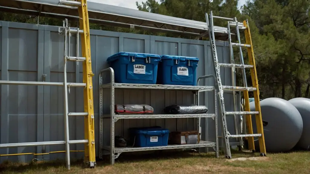 Organized outdoor storage area with a ladder securely fastened and labeled tips for maintenance and security.